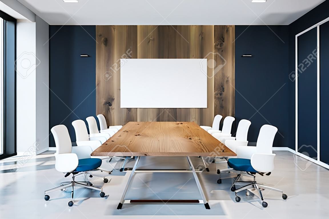 Cyan-Büro-Konferenzraum mit Betonboden, langem Holztisch und weißen Stühlen. 3D-Rendering Horizontales Mock-up-Poster auf einer Holzwand