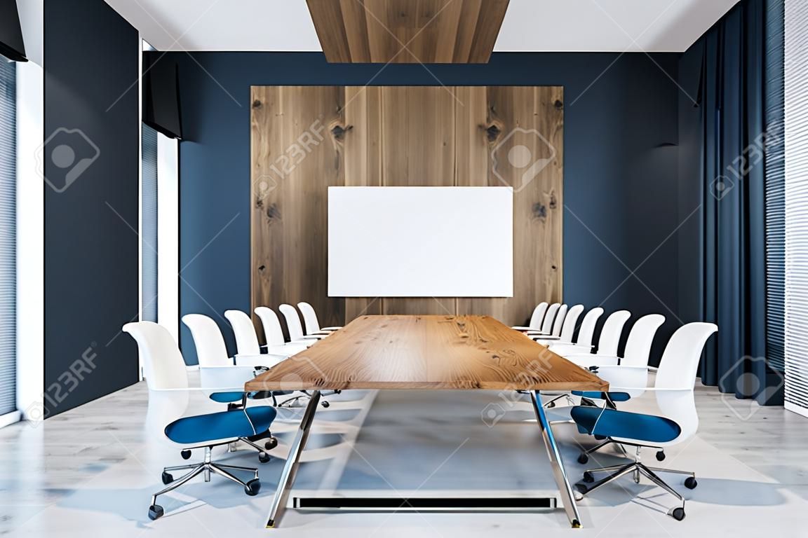 Cyan-Büro-Konferenzraum mit Betonboden, langem Holztisch und weißen Stühlen. 3D-Rendering Horizontales Mock-up-Poster auf einer Holzwand