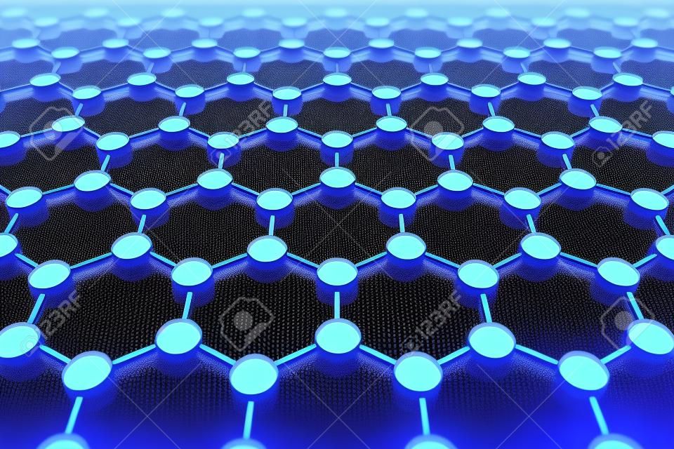 Kristallgitter aus Graphen auf grauem Hintergrund. Konzept der Nanotechnologie, Wissenschaft und Zukunft. 3D-Rendering