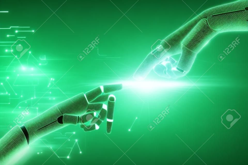 이진수가 있는 녹색 회색 배경 위에 로봇 손을 만지는 잔디 손. 생태, 환경 보호 및 책임의 개념입니다. 3d 렌더링 이중 노출