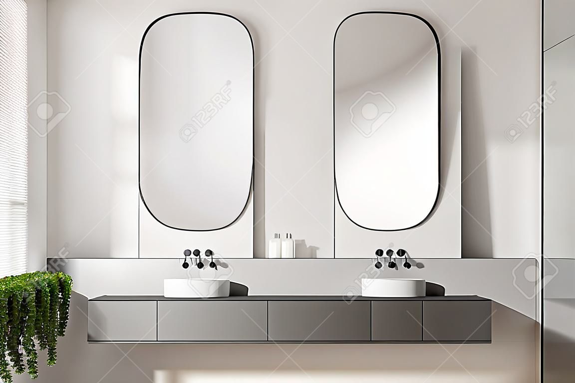 Doppelwaschbecken auf grauer Arbeitsplatte mit zwei länglichen Spiegeln darüber im Zimmer mit weißen Wänden. 3D-Rendering