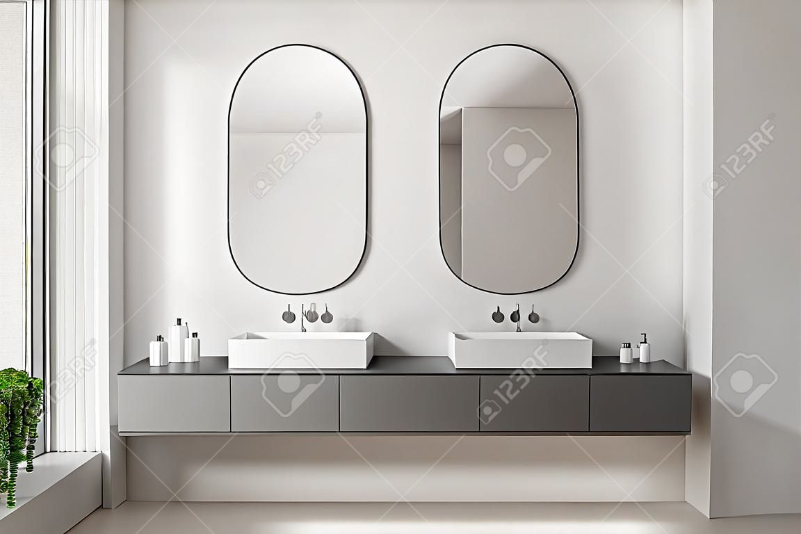 Doppelwaschbecken auf grauer Arbeitsplatte mit zwei länglichen Spiegeln darüber im Zimmer mit weißen Wänden. 3D-Rendering