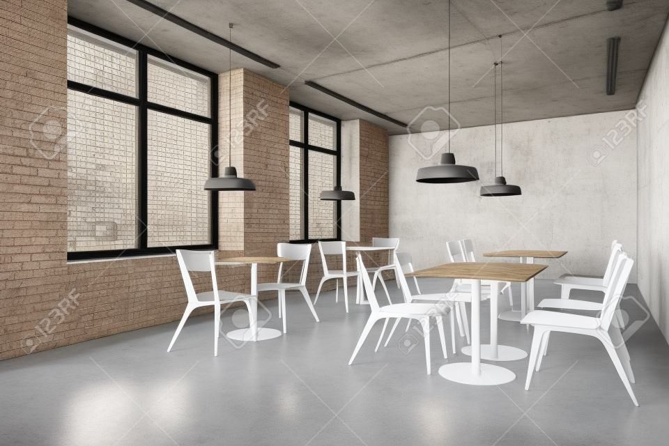 Café-Ecke im Industriestil mit weißen und Betonwänden, Betonboden, Dachbodenfenstern und quadratischen Holztischen mit Stühlen. 3D-Rendering