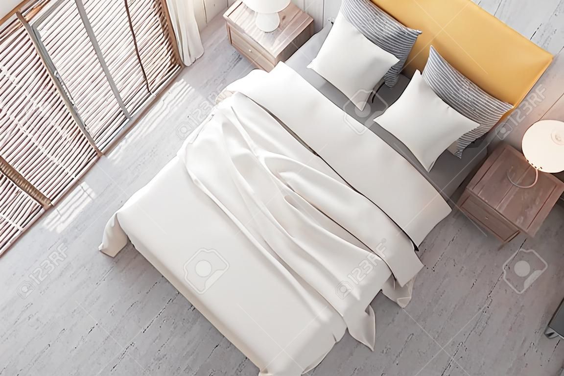 Vista superior do quarto elegante com paredes amarelas, piso de concreto, cama confortável com cobertor branco e guarda-roupa de madeira.