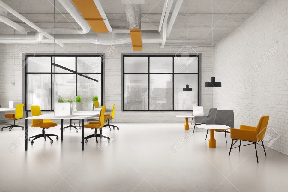 Interior of modern open space office in industrial style with white walls, concrete floor, long computer tables with chairs and lounge area with armchairs and coffee tables. 3d rendering