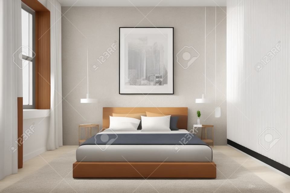 Interior of modern bedroom with white walls, wooden floor with carpet, windows with curtains, comfortable king size bed and vertical mock up poster. 3d rendering