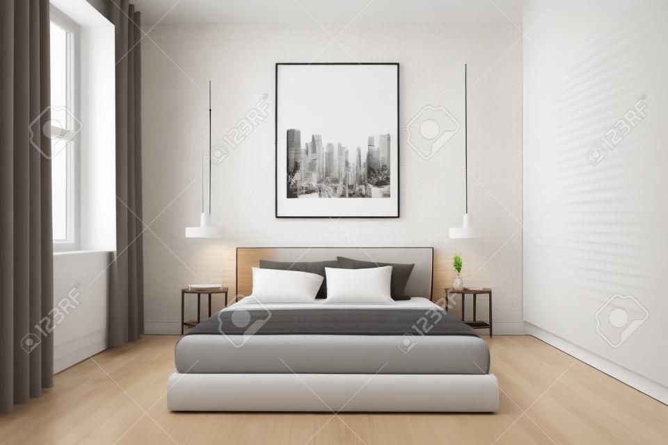 Interior of modern bedroom with white walls, wooden floor with carpet, windows with curtains, comfortable king size bed and vertical mock up poster. 3d rendering