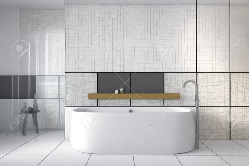 Interior of modern bathroom with white and gray tiled walls, comfortable bathtub with shelf above it and shower stall with glass wall. 3d rendering