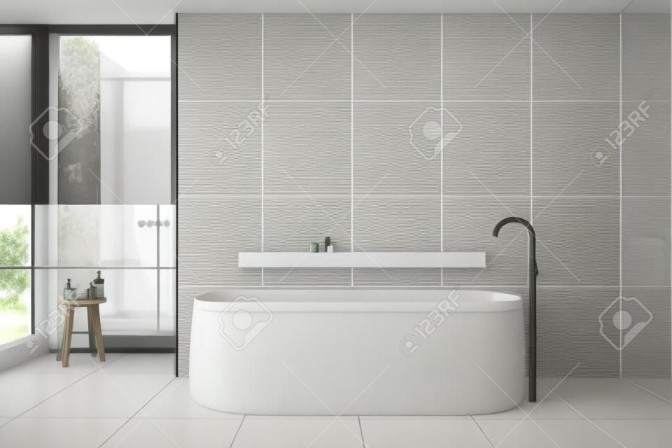 Interno di un bagno moderno con pareti piastrellate bianche e grigie, comoda vasca da bagno con ripiano sopra e box doccia con parete in vetro. rendering 3D