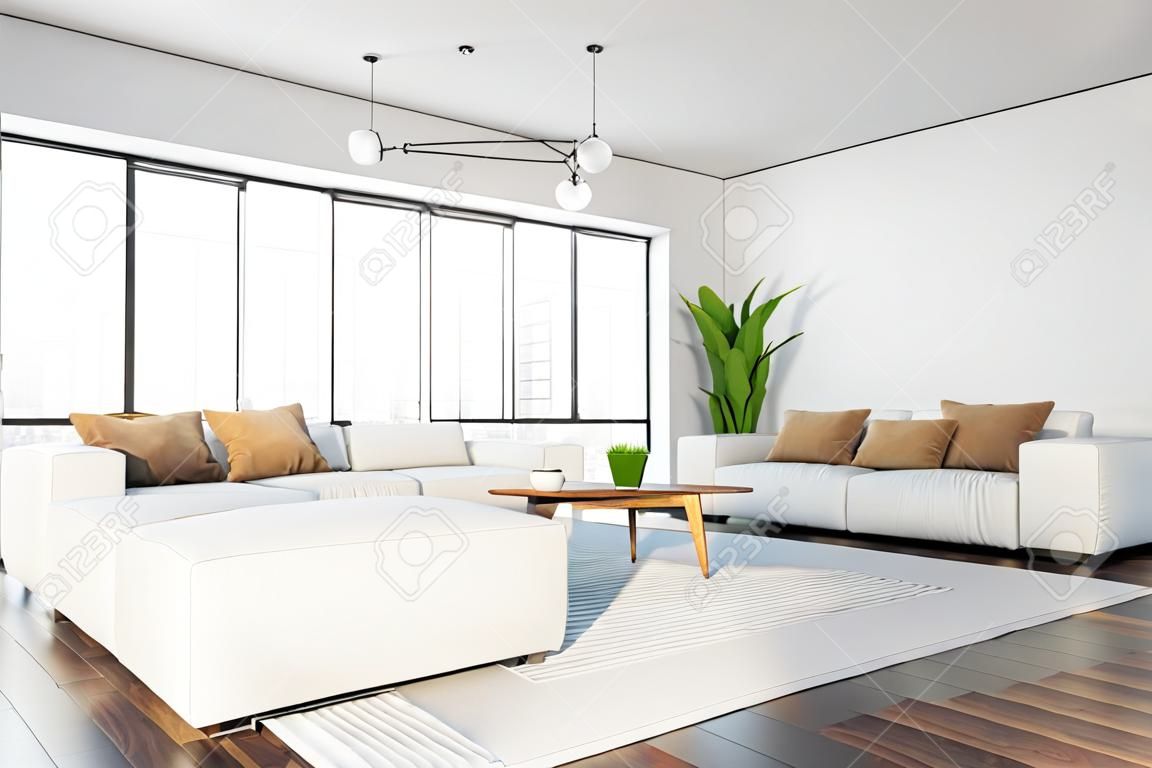 Rincón de salón panorámico con paredes blancas, suelo de madera oscura, dos cómodos sofás blancos cerca de una mesa baja y ventana con un paisaje urbano borroso. representación 3d