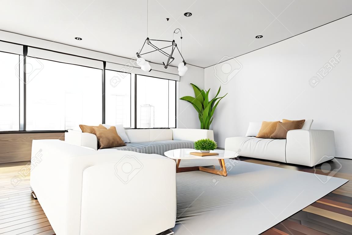 Rincón de salón panorámico con paredes blancas, suelo de madera oscura, dos cómodos sofás blancos cerca de una mesa baja y ventana con un paisaje urbano borroso. representación 3d