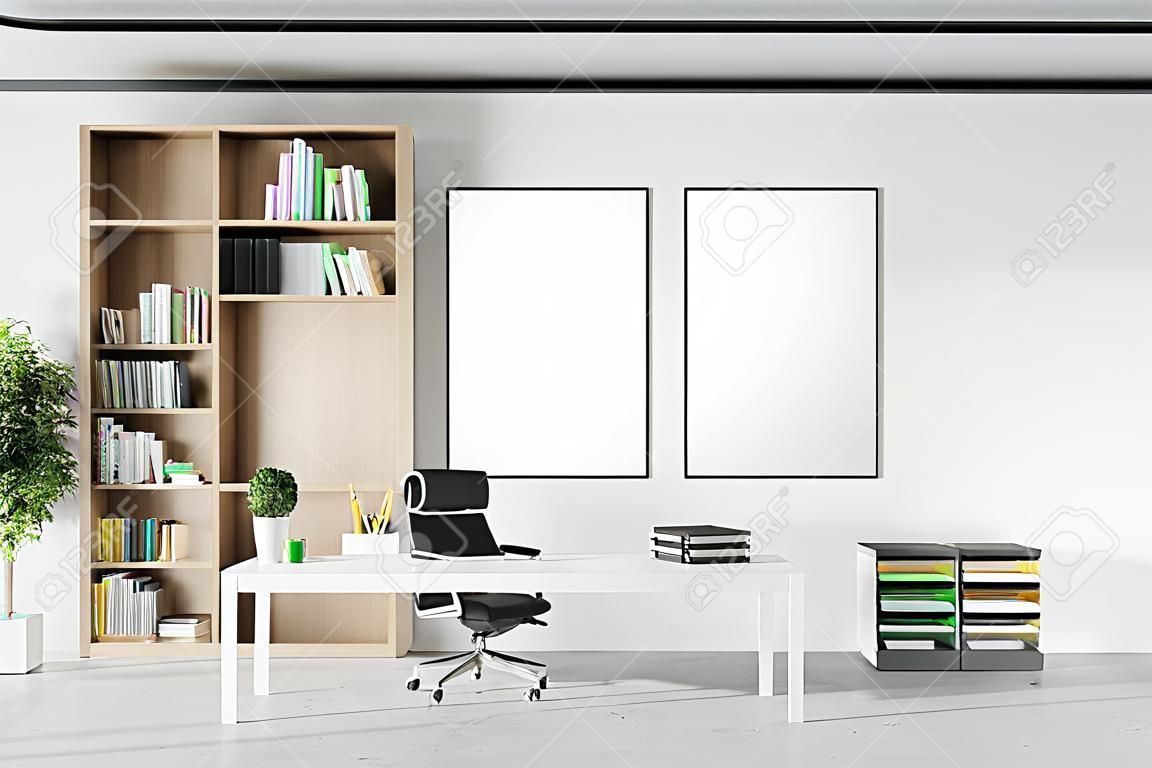 흰색 벽, 콘크리트 바닥, 책장 근처에 서 있는 컴퓨터 테이블, 수직 모의 포스터 프레임이 있는 현대적인 CEO 사무실 내부. 3d 렌더링