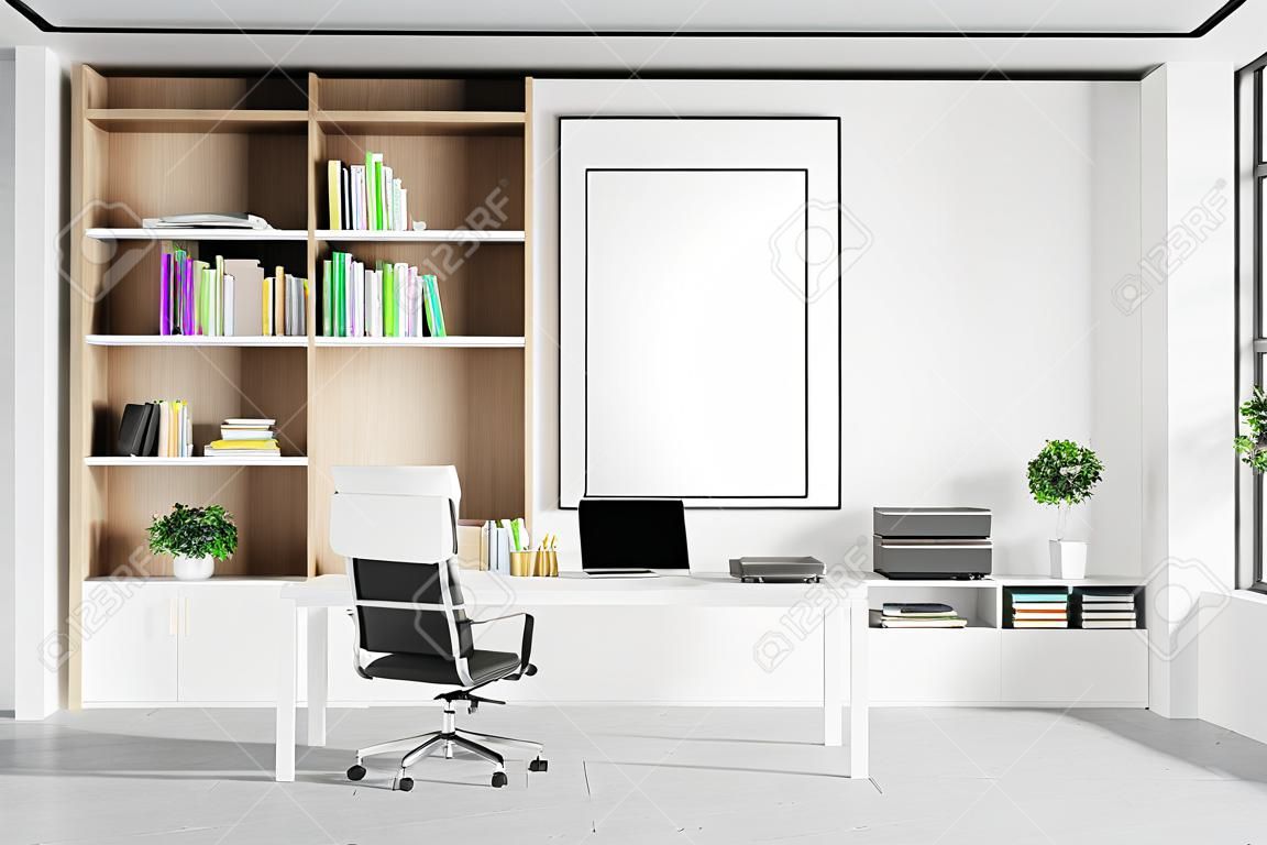 흰색 벽, 콘크리트 바닥, 책장 근처에 서 있는 컴퓨터 테이블, 수직 모의 포스터 프레임이 있는 현대적인 CEO 사무실 내부. 3d 렌더링