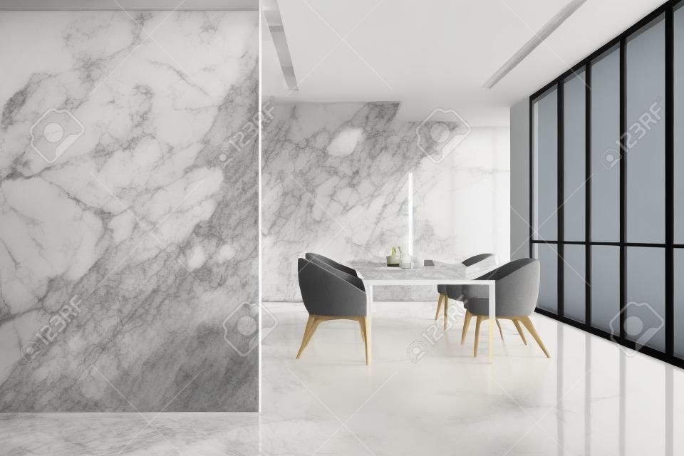 Gray chairs in dining room, mockup copy space white wall. Large dining room near big window with city view, marble floor 3D rendering, no people