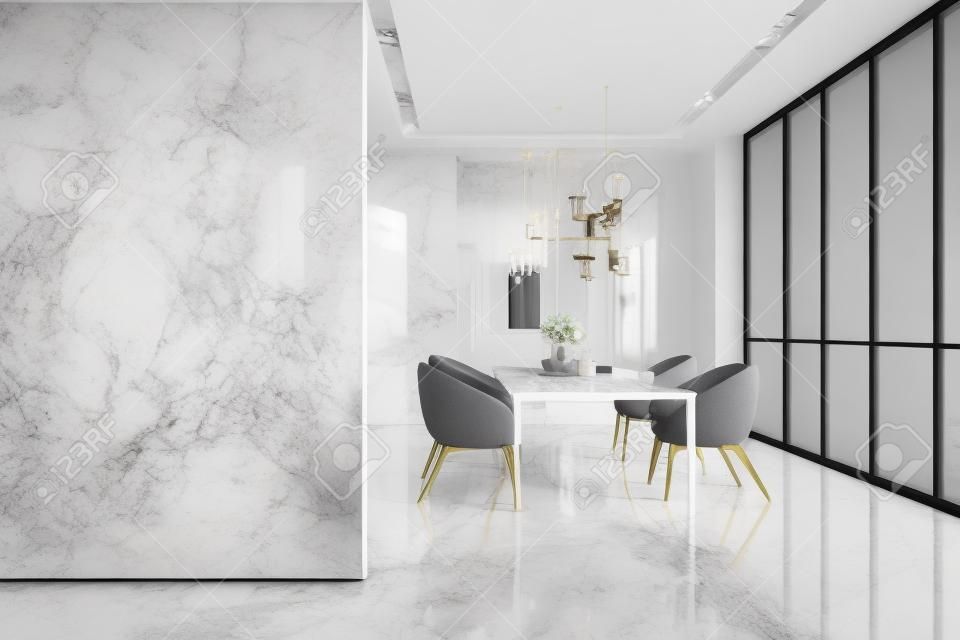 Gray chairs in dining room, mockup copy space white wall. Large dining room near big window with city view, marble floor 3D rendering, no people