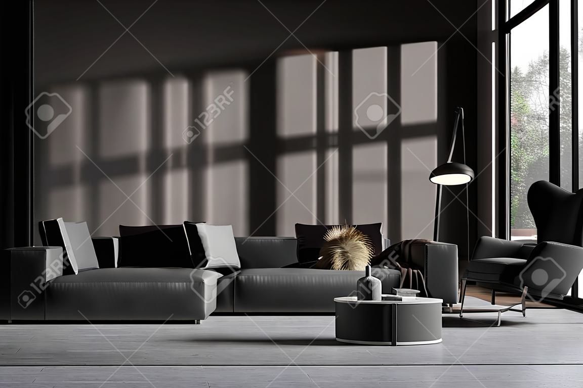 Interior de sala de estar cinza escuro contemporâneo com lareira, sofá e poltronas. Espaço de cópia de parede. Janela panorâmica. renderização 3d.
