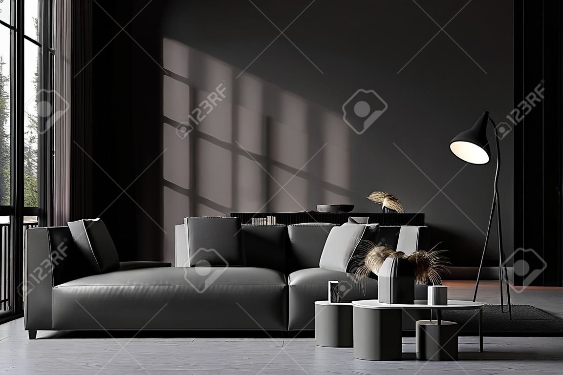 Interior de sala de estar cinza escuro contemporâneo com lareira, sofá e poltronas. Espaço de cópia de parede. Janela panorâmica. renderização 3d.