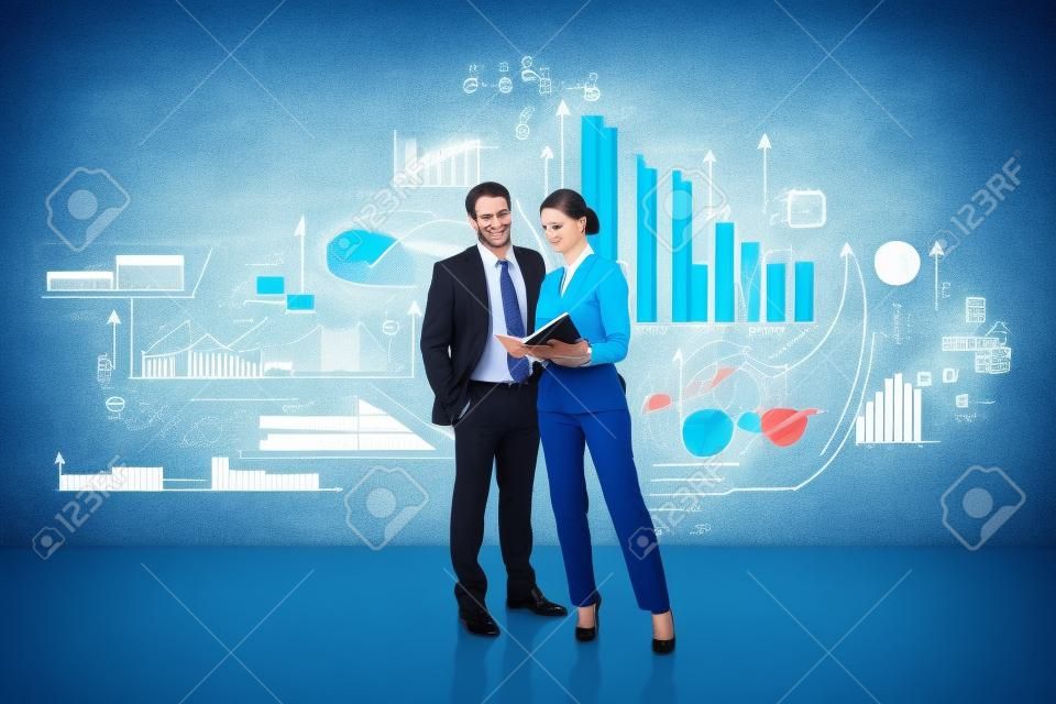 Businessman and businesswoman studying notes. Business strategy plan, blue drawing with graph changes and dynamics on concrete background, pie and bar. Concept of analysis