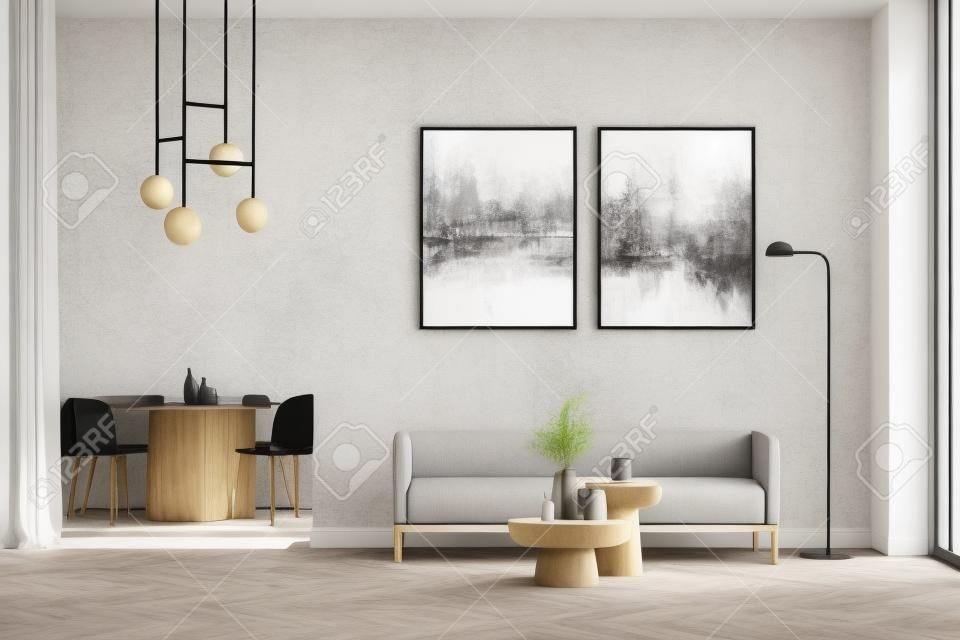Modern living dining room interior with wooden floor, furniture, table and chairs. Sofa. Home architecture concept. Two posters canvas on white wall. Mock up. No people. 3d rendering