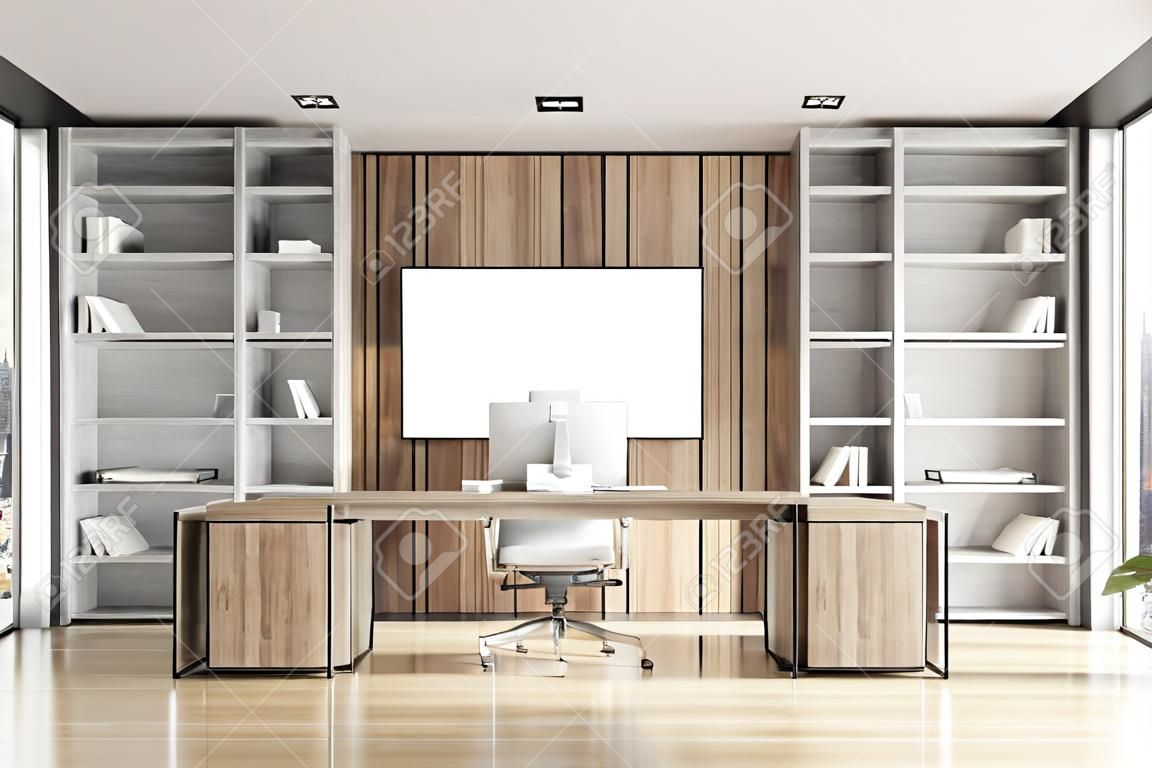 Interior of luxury Scandinavian style CEO office with stone and wooden walls, computer desk and two bookcases. Panoramic window with blurry cityscape. Horizontal mock up poster. 3d rendering