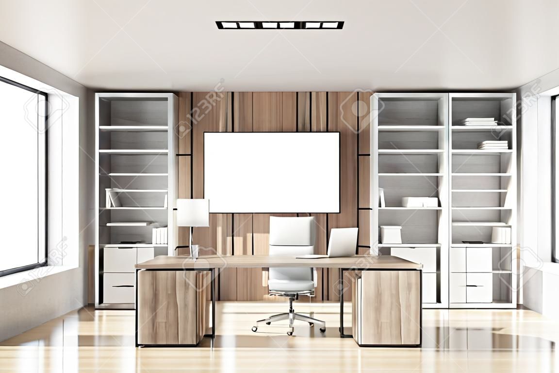 Interior of luxury Scandinavian style CEO office with stone and wooden walls, computer desk and two bookcases. Panoramic window with blurry cityscape. Horizontal mock up poster. 3d rendering