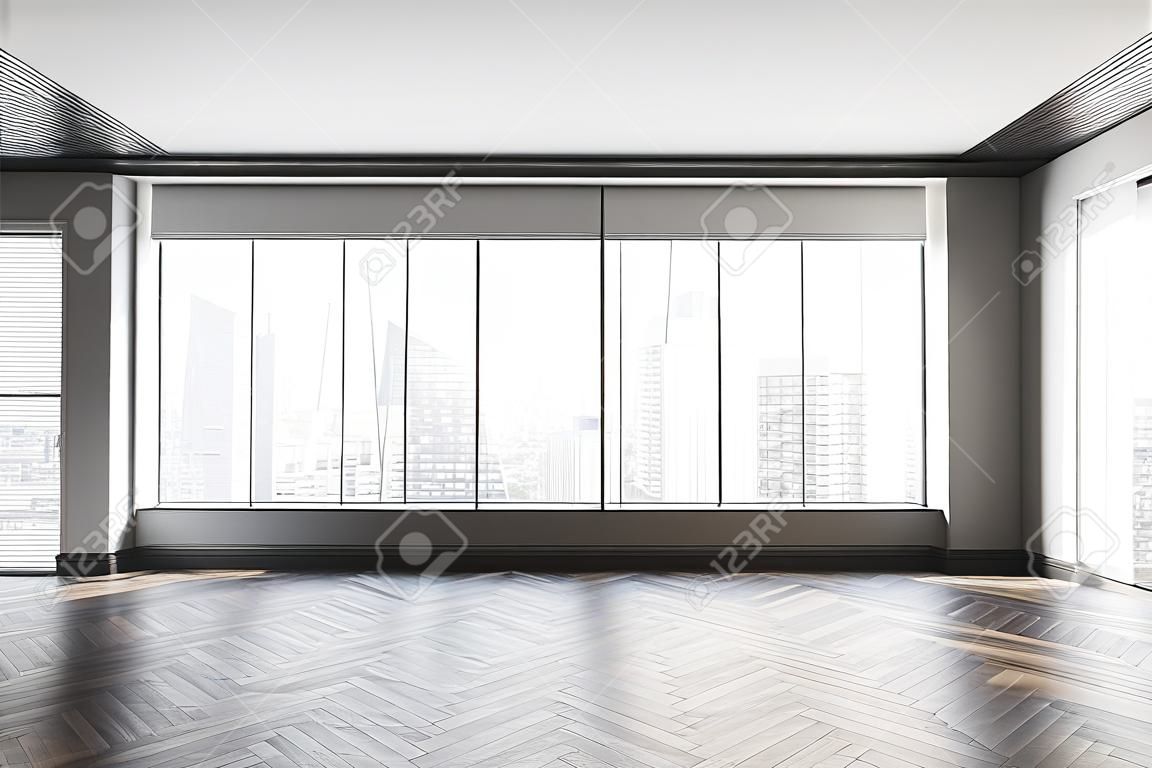 Intérieur d'un espace vide avec vue panoramique, murs gris et parquet marron foncé, assorti au plafond blanc. Un concept de design de rénovation moderne. rendu 3d