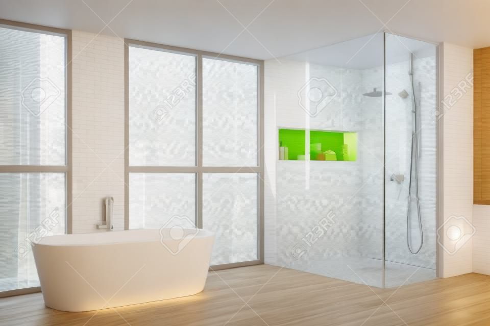 Vista de canto no interior brilhante do banheiro com banheira, chuveiro, piso de madeira de carvalho, janela panorâmica com vista para o arranha-céu da cidade de Cingapura. Conceito de procedimentos higiênicos e de spa para a saúde.