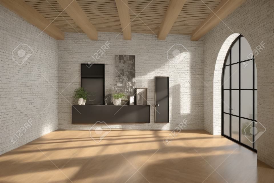 Pusty beżowy salon z belkami stropowymi z ciemnego drewna, łukowym oknem i parkietem. koncepcja nowoczesnego wystroju wnętrz domu. renderowania 3D
