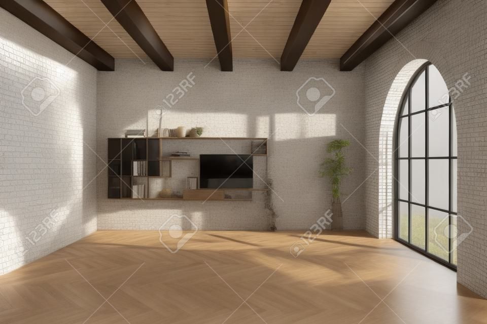 Pusty beżowy salon z belkami stropowymi z ciemnego drewna, łukowym oknem i parkietem. koncepcja nowoczesnego wystroju wnętrz domu. renderowania 3D