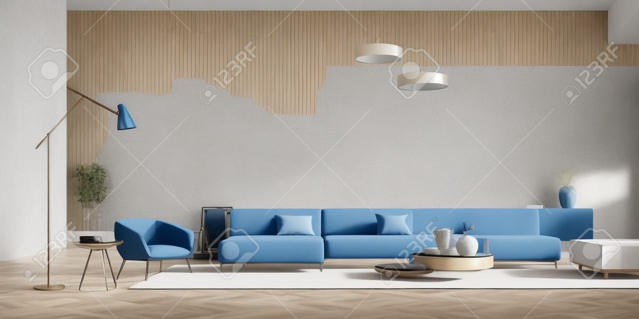 Interni eleganti della camera degli ospiti blu e beige con divano e comò con decorazioni, tavolino da caffè sul pavimento in parquet. Spazio relax minimalista e poltrona con lampada, rendering 3D