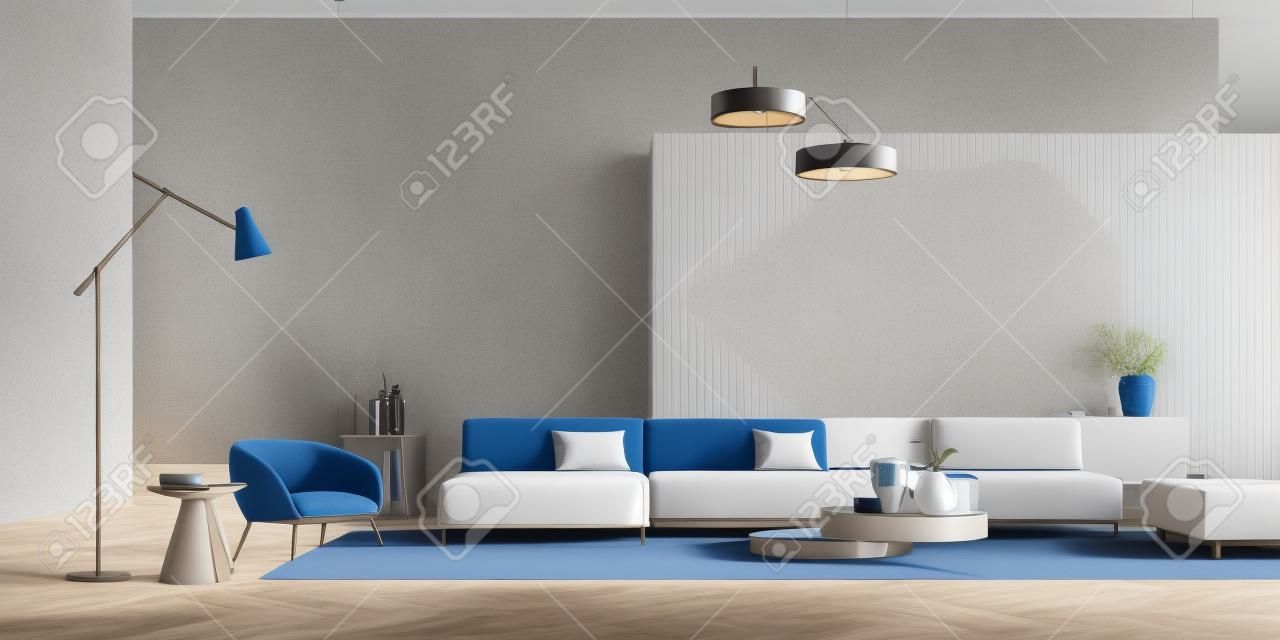 Elegante interior de habitación azul y beige con sofá y cómoda con decoración, mesa de café en el suelo de parquet. Espacio relajante minimalista y sillón con lámpara, representación 3D