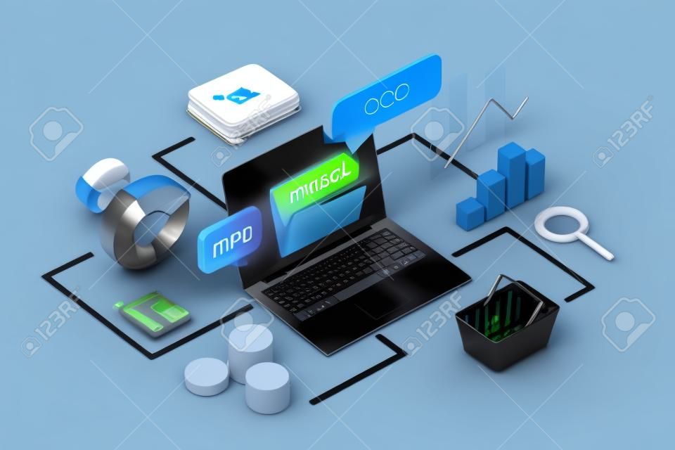 Laptop i różne ikony, optymalizacja i aplikacja. finanse, komunikacja, zakupy i dane osobowe w jednym. koncepcja wielozadaniowości. renderowania 3D