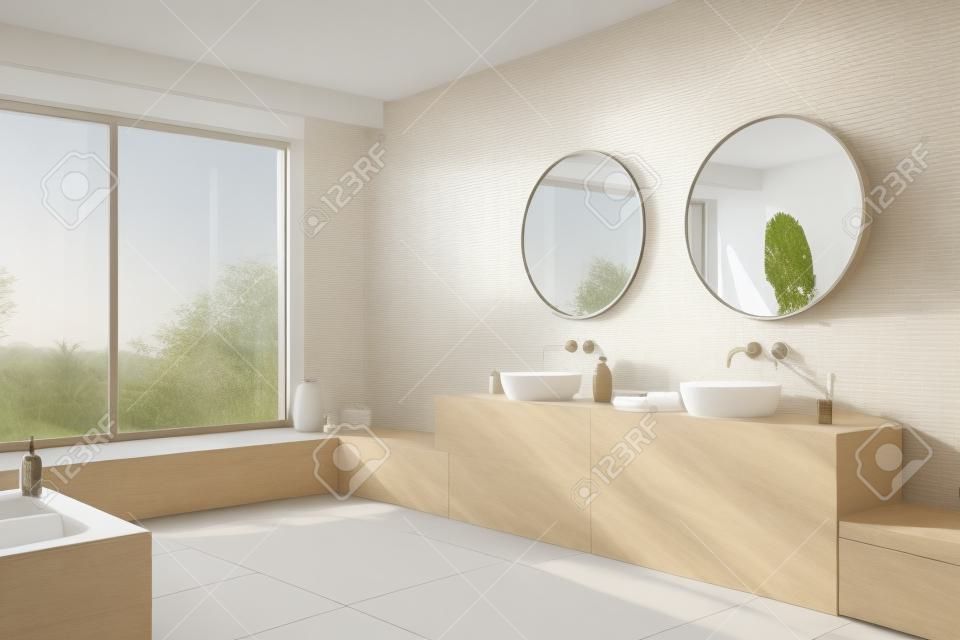 Beige bathroom interior with double sink and round mirror, side view, carpet on hardwood floor. Panoramic window on tropics, bathing accessories on deck. 3D rendering