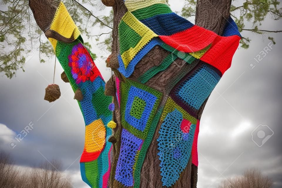 Colorful crochet knit on a tree trunk yarn bombing. Patchwork