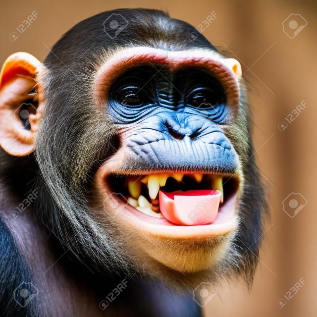 Close-up van Mixed-Breed aap tussen Chimpansee en Bonobo glimlachen, 8 jaar oud