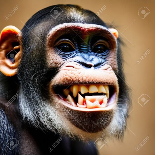 Primer plano de mono de su clase mixta entre el chimpancé y el Bonobo sonriendo, 8 años de edad
