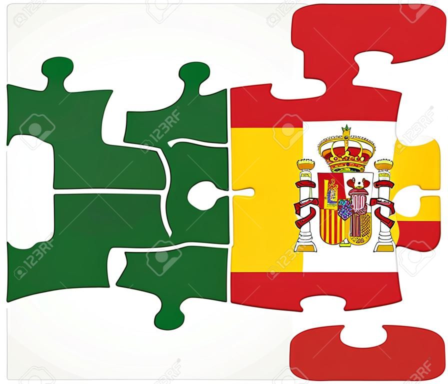 Saudi Arabia and Spain Flags in puzzle isolated on white background