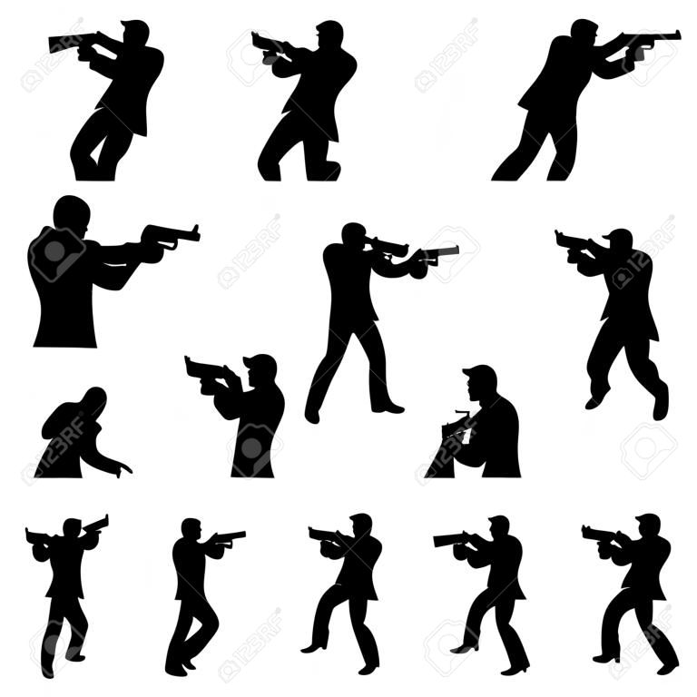 EPS 10 vector illustration of gunman businessman silhouette in black