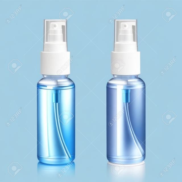 Spray bottle containing liquid inside isolated on white background. Plastic package with cosmetic cleaning product. ( Clipping path )