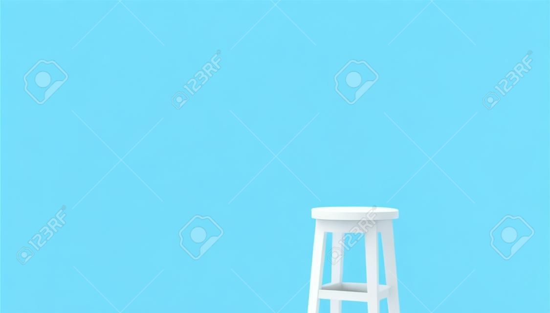 Diseño de muebles de silla de asiento moderno blanco sobre fondo azul con decoración de café. Representación 3D.
