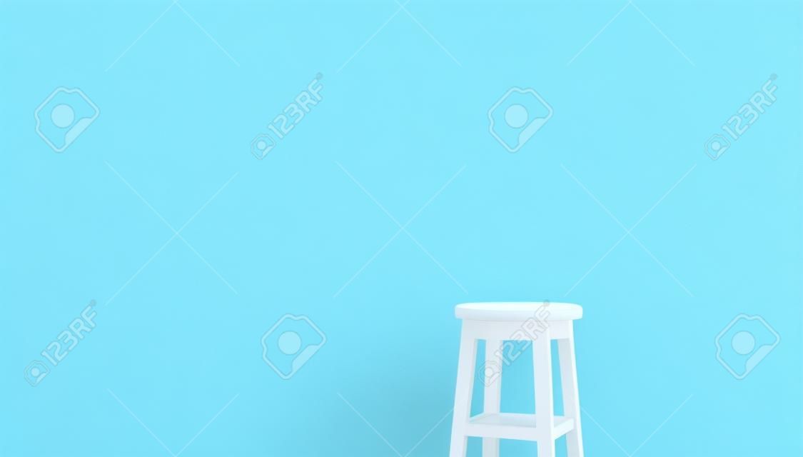 파란색 배경에 카페 장식이 있는 흰색 현대적인 좌석 의자 가구 디자인. 3d 렌더링입니다.