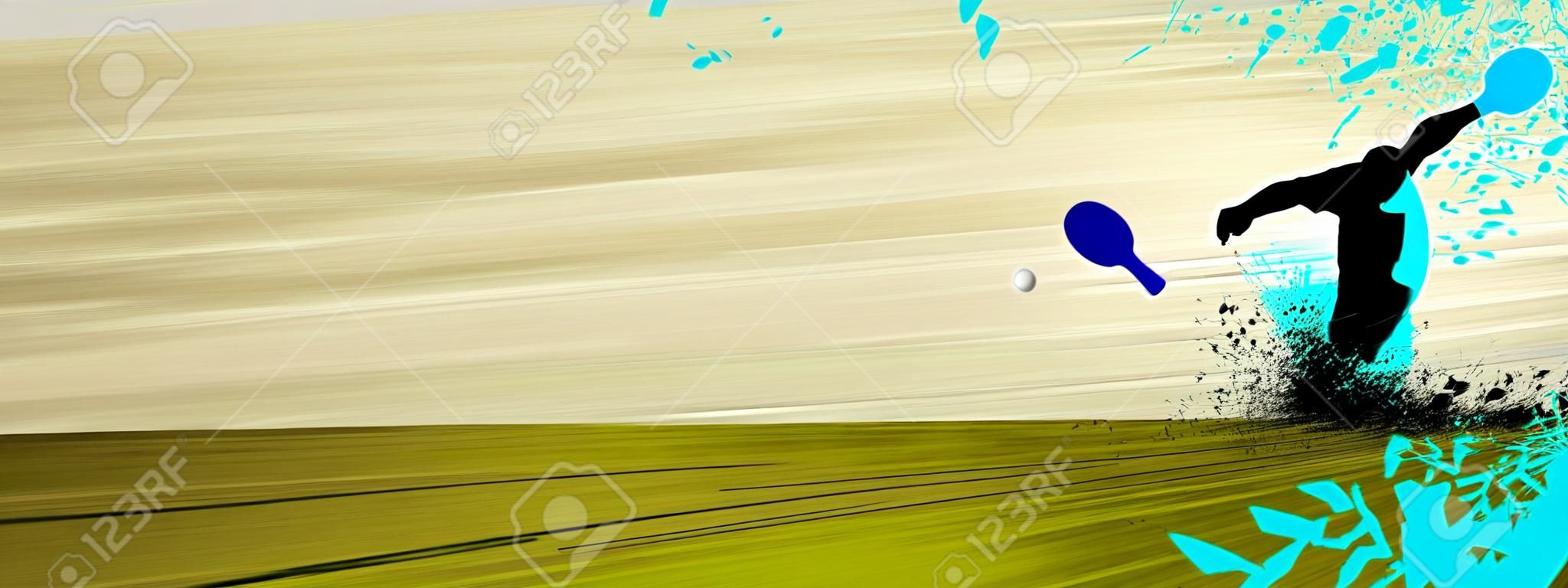 Cartel Sport: raqueta de tenis de mesa, la bola y el hombre con el espacio de fondo