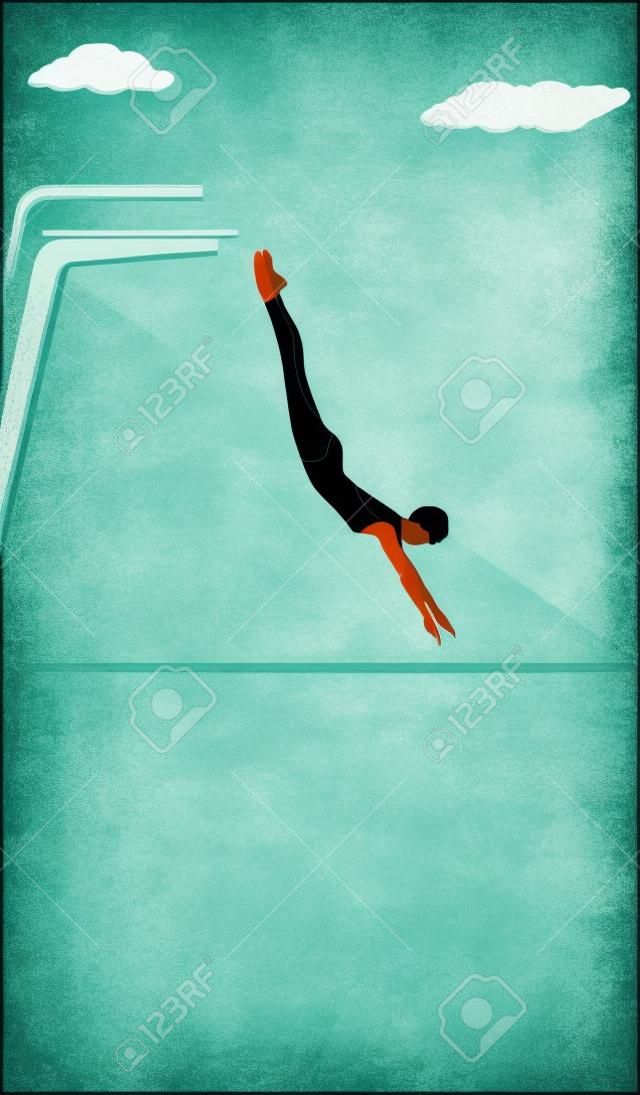 Water sports. Woman jumping from a springboard into the water - abstract grunge background - vector art.