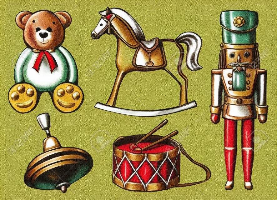 Set de juguetes vintage: oso, mecedora, cascanueces, tambor, yule. Estilo dibujado a mano de la vendimia