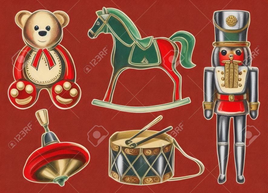 Set di giocattoli vintage: orso, cavallo a dondolo, schiaccianoci, tamburo, yule. Stile disegnato a mano d'epoca.