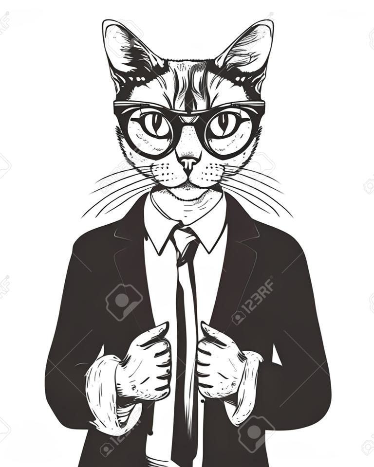 Illustrazione vettoriale di un gatto in tuta e occhiali. Stile d'annata disegnato carattere riuscito dell'uomo d'affari a disposizione.