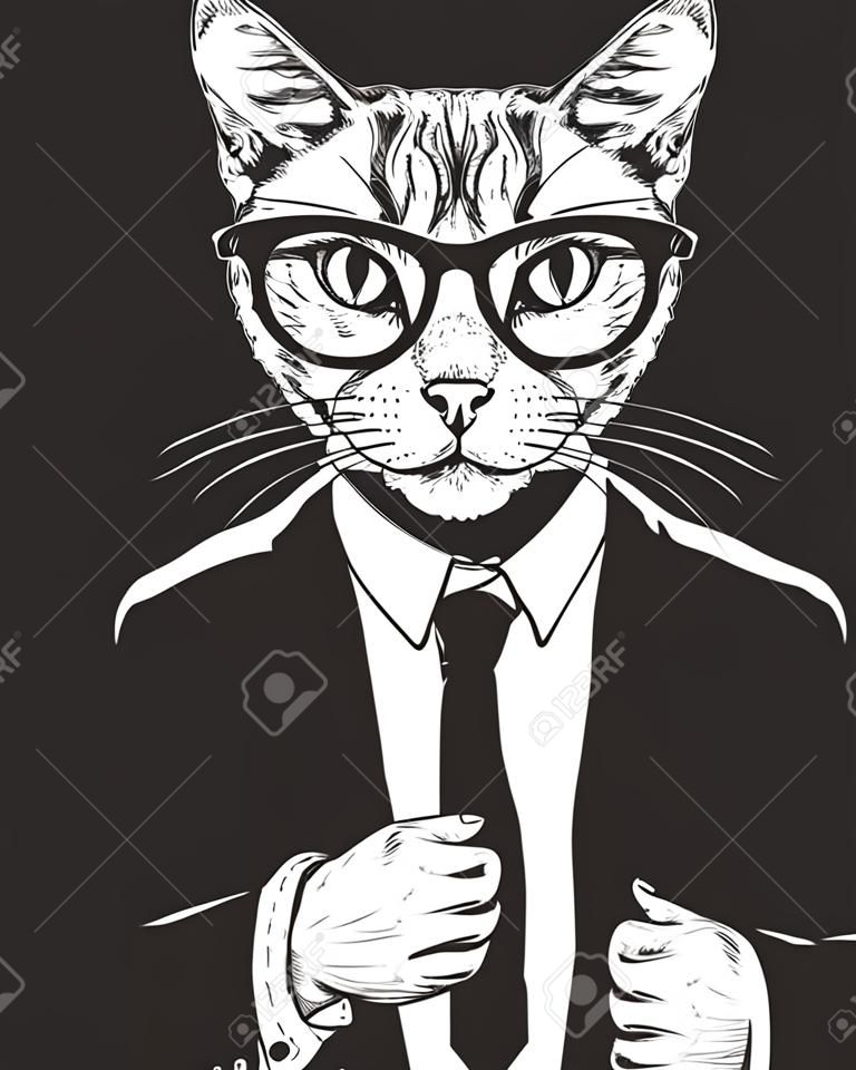 Illustration vectorielle d'un chat en costume et lunettes. Caractère d'homme d'affaires prospère dessiné à la main style vintage.