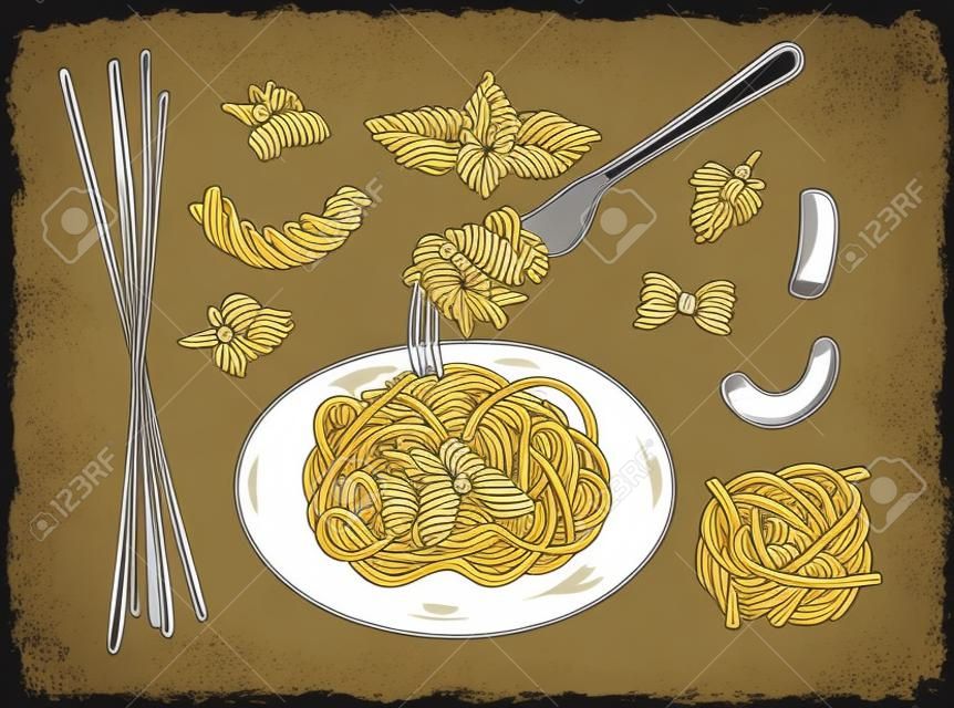 Ilustración de vector de un juego de pasta. Plato y tenedor con espaguetis macarrones, moño o mariposa, farfalle, nido, fusilli, tortiglioni, rigatoni. Estilo de grabado dibujado a mano vintage.