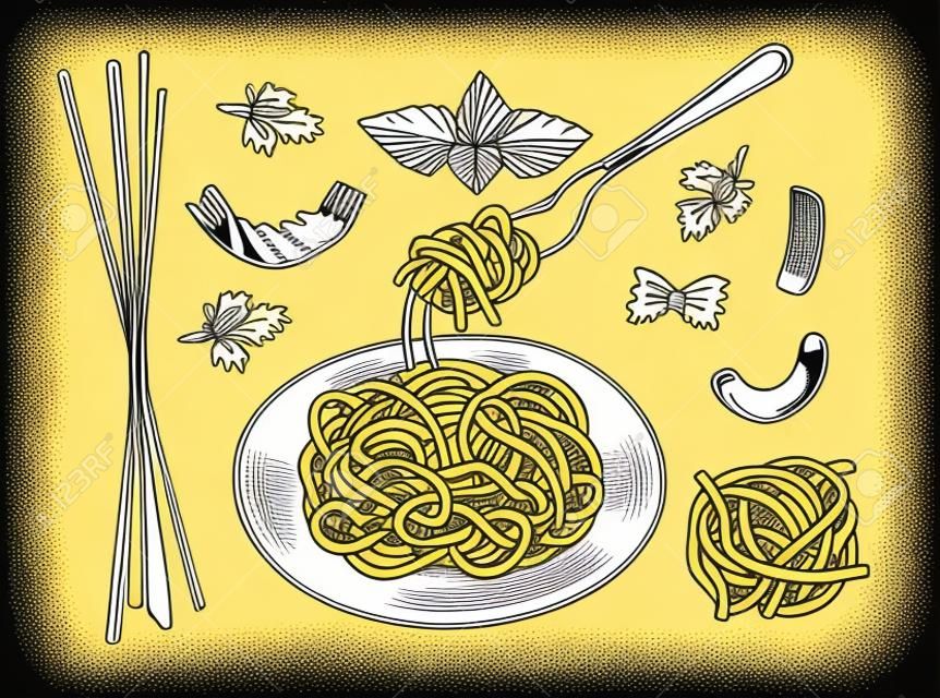 Ilustracja wektorowa zestawu makaronów. Talerz i widelec z makaronem spaghetti, kokardą lub motylem, farfalle, gniazdem, fusilli, tortiglioni, rigatoni. Styl Vintage ręcznie rysowane Grawerowanie.