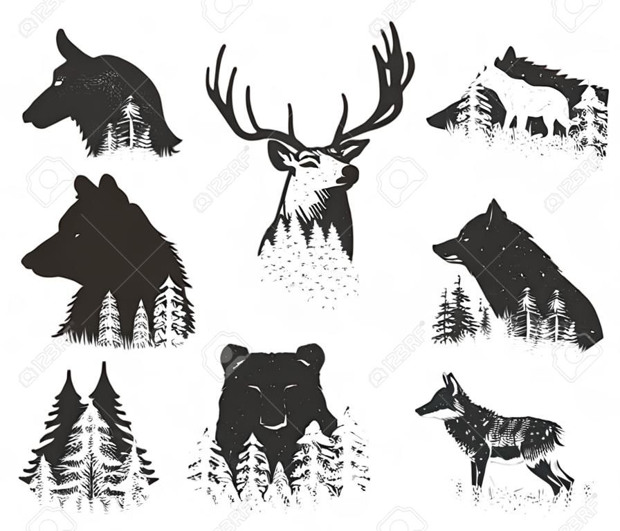 Illustrazione vettoriale di teste di animali selvatici che passano al set forestale. Disegni semplici dell'icona della siluetta dello stampino. Cervo, cinghiale, lupo, orso, volpe, capra di montagna. Stile vintage disegnato a mano